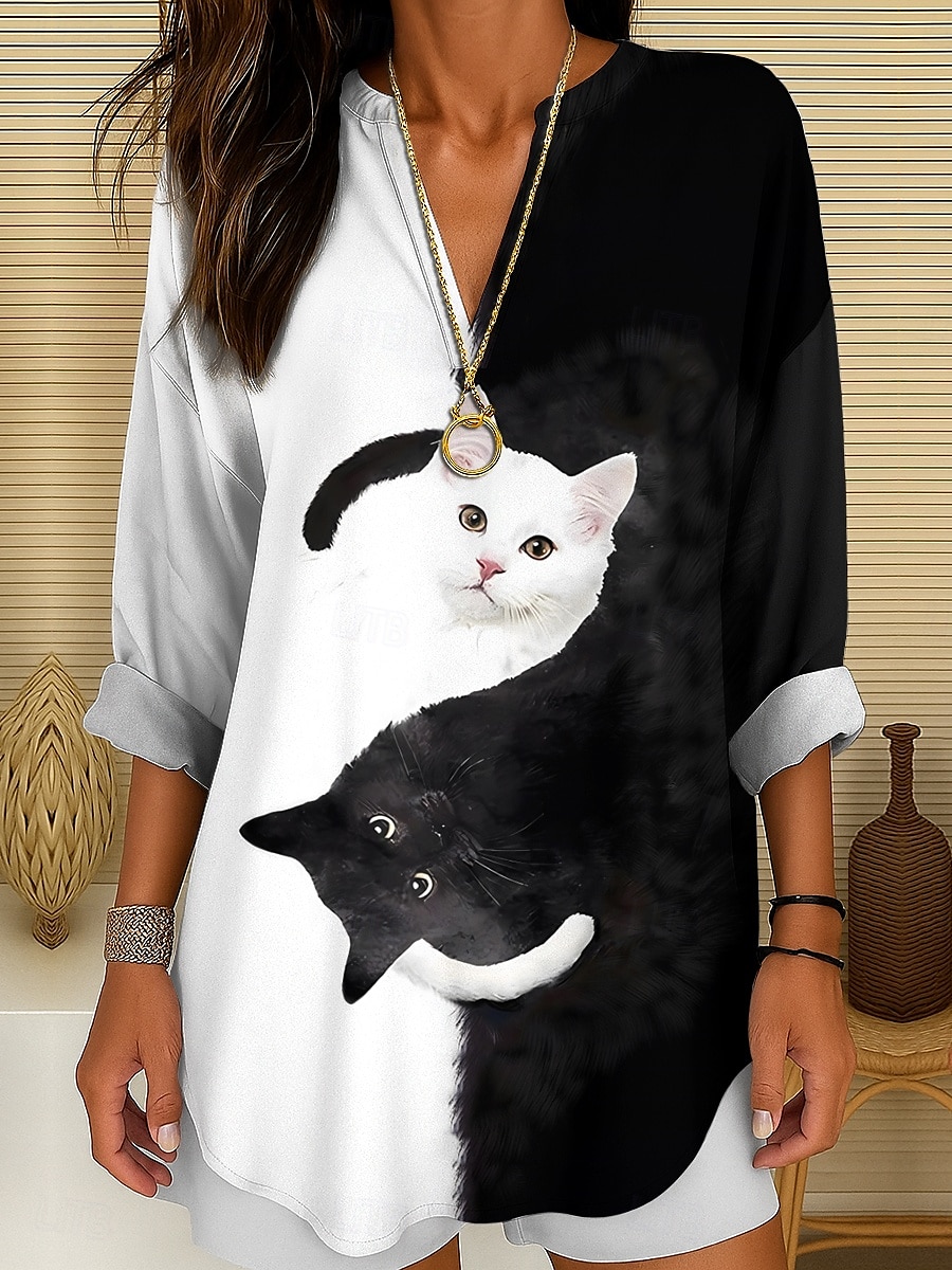 Kvinnes Bluse Tunika V-hals Lange Ermer Boho Casual Sommer Topper Grafisk Dyr Katt Vintage Tropisk Vanlige Topper Daglig Bruk Print Svart Og Hvit Gul Rosa Rød Blå 2025 - $27.99 –P1