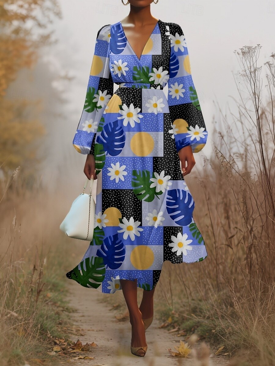 Women's Midi Dress Casual Dress Chiffon Swing Dress Modern Vacation Daily Weekend Regular Fit Floral Plaid Long Sleeve V Neck Yellow Blue Purple Orange Summer Spring Fall Autumn 2025 - $31.99 –P6