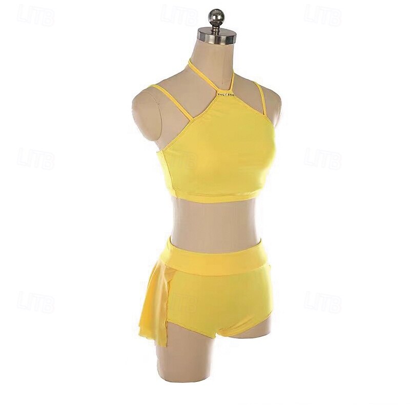 فستان التزلج الراقص نسائي للفتيات تزلج على الجليد الفساتين أصفر بقع فتح الظهر شبكة سباندكس قابل للبسط التدريب تمرين متخصص ملابس التزلج الدفء الكريستال / حجر الراين بدون كم 2025 - $220.29 –P3