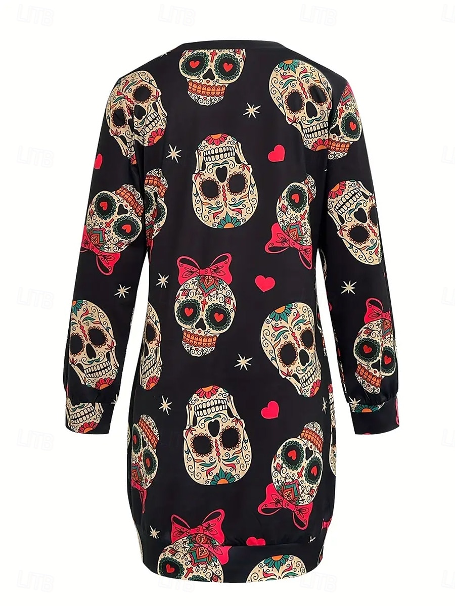 Halloween Women's Mini Dress Shift Dress Casual Holiday Going out Regular Fit Graphic Skull Long Sleeve Crew Neck Black Spring Fall Winter 2025 - $26.99 –P2