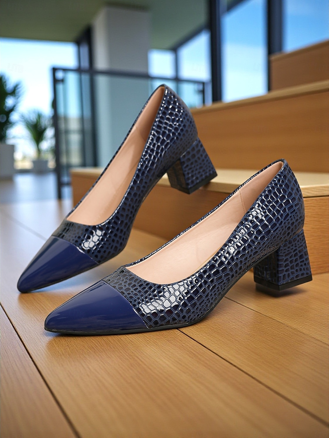 Marineblaue Pumps aus Lackleder mit Blockabsatz für Damen – elegante Schuhe mit Krokodilprägung und spitzer Spitze fürs Büro, Partys und formelle Anlässe 2025 - $42.99 –P6