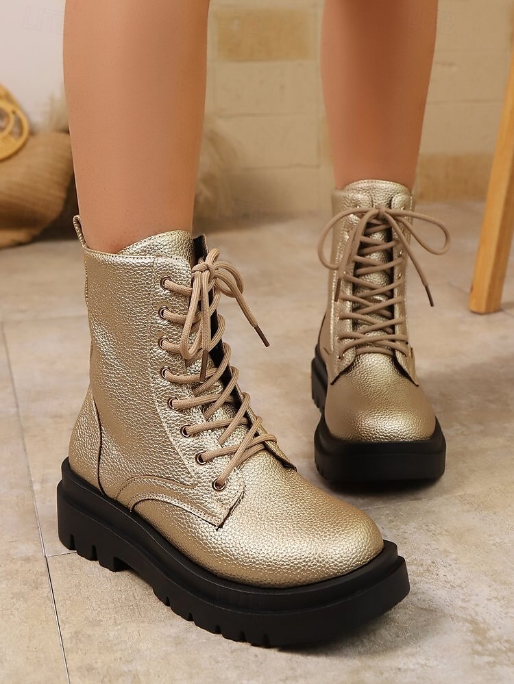 Mulheres Botas Botas sexy Diário Cadarço Sem Salto Ponta Redonda Casual Couro Sintético Com Cadarço Preto Dourado de 2025 por $32.99 –P3