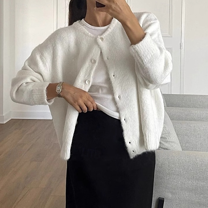 Dames Trui Vest Modieus Streetwear Dagelijks Effen Kleur Geribd Open voorzijde Gebreid Lange mouw Normale tops breien Feestdagen Uitgaan Weekend Wit Rood Herfst Winter 2025 - $31.99 –P9