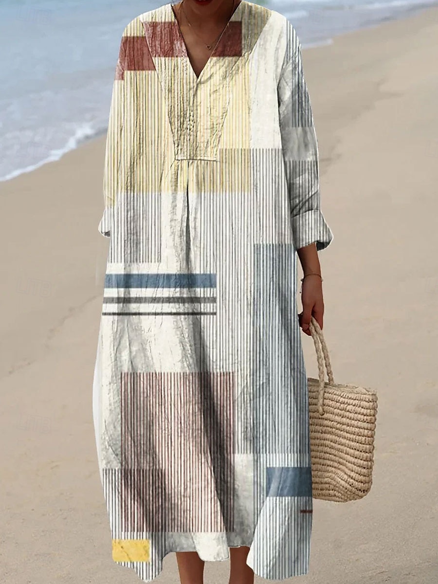 Pentru femei Rochii Midi Rochie de Vară Rochie A line Vacanță Casual Boho Petrecere Plajă Potrivire Largă Grafic Geometric Manșon Lung În V Alb Albastru piscină Portocaliu Maro Vară Primăvară Toamnă 2025 - $35.99 –P3
