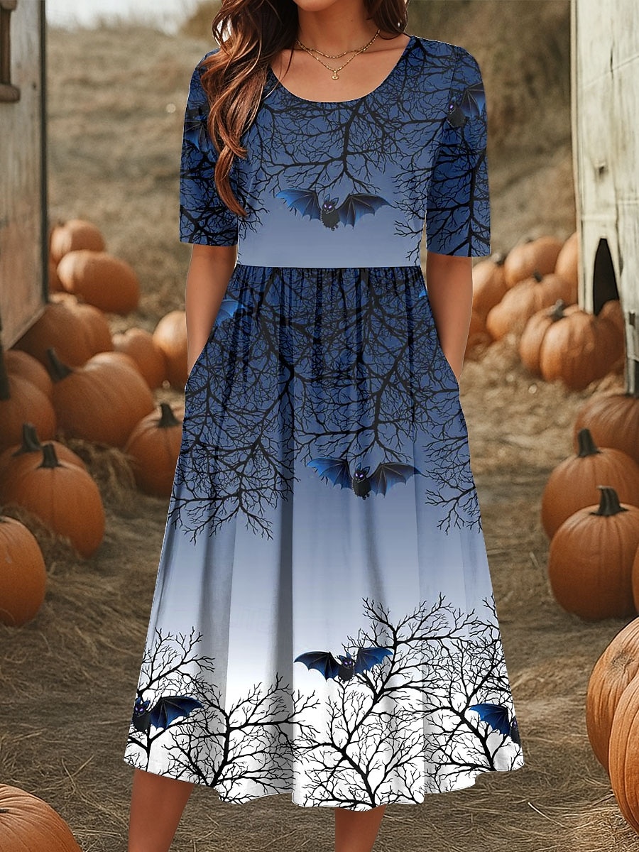 Halloween Dámské Midi Šaty A Linie Šaty Letní Šaty Dovolená Příležitostný Každodenní Svátek Běžné Fit Grafický Zvíře Poloviční Rukáv Kulatý Výstřih Modrá Fialová Zelená Léto Podzim 2025 - $31.99 –P2