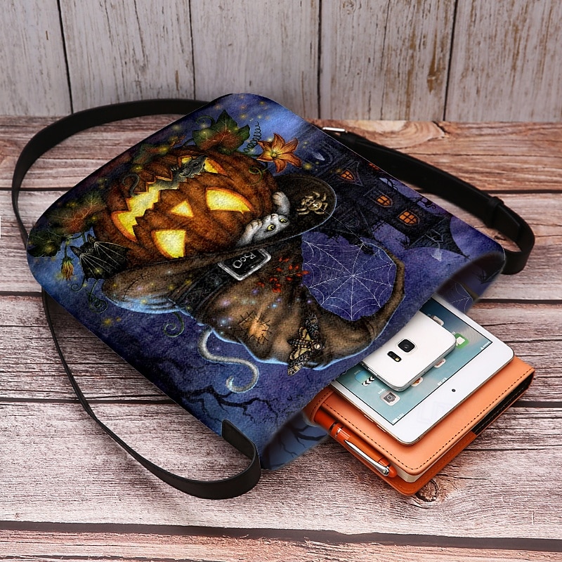 női halloweeni tökös crossbody táska - boszorkánykalap és macskaminta, állítható pánttal, könnyű, bolyhosított válltáska, tökéletes ünnepi bulikra és trick or treat eseményekre 2025 - $19.99 –P4