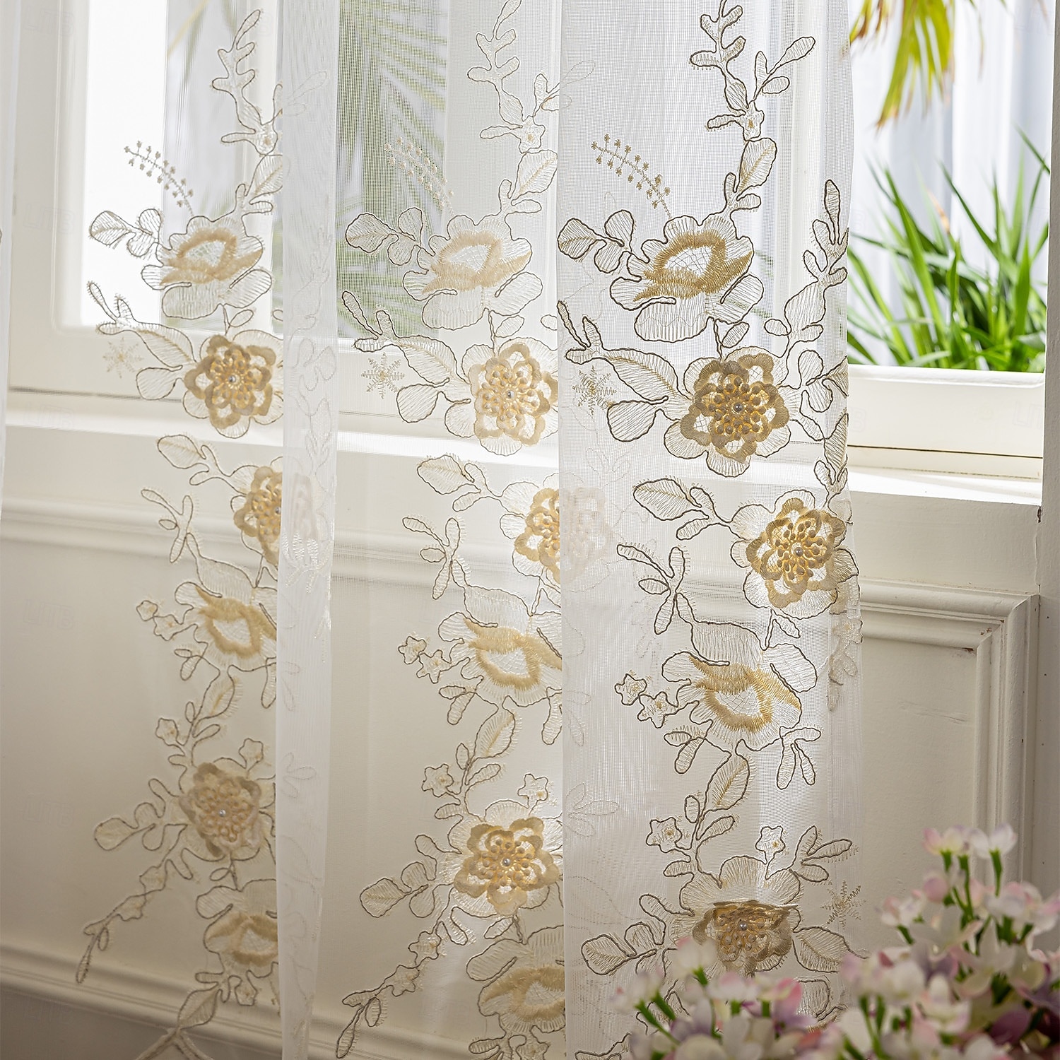 Curtian Drapes, bestickte transparente Vorhänge mit 3D-Blumenapplikation, handgefertigte Tüllvorhänge für Wohnzimmer, Schlafzimmer oder Balkon, moderne minimalistische Fensterpaneele, fertig zum 2025 - $36.99 –P7