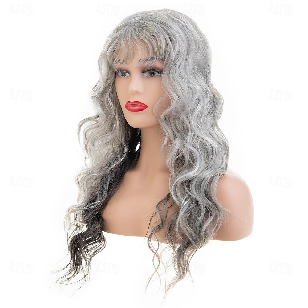 Peruca longa, cacheada e ondulada, cinza, sintética, resistente ao calor, para cosplay, festa, com franja de 2025 por $27.99 –P3
