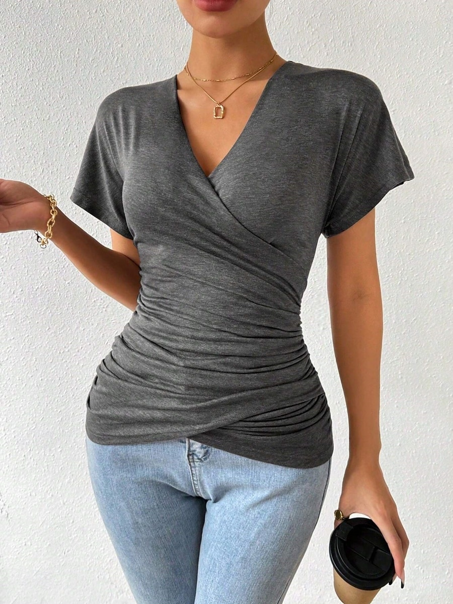 Dames Zomer tops Effen Stijlvol Modern Korte mouw V-hals Normale tops Dagelijks Feestdagen Met ruches blauw Grijs Zomer 2025 - $21.99 –P2