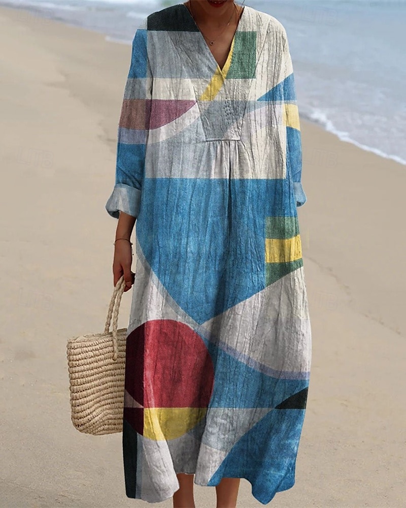 Femmes Robe Midi Robe Décontractée Robe Imprimée Mode Moderne Quotidien Plage Week-end Coupe régulière Arbre manche longue Col en V Jaune Bleu Orange Bleu de minuit Printemps Automne de 2025 ? $11.99 –P3