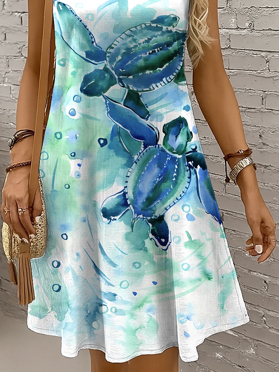 Pentru femei Rochie Mini Rochie de Vară Rochie A line Rochie cu umeri Vacanță Casual Concediu Plajă Fit regulat Grafic Broasca testoasa Fără manșon Stil Nautic Galben Roșu-aprins Albastru piscină Mov 2025 - $21.99 –P3