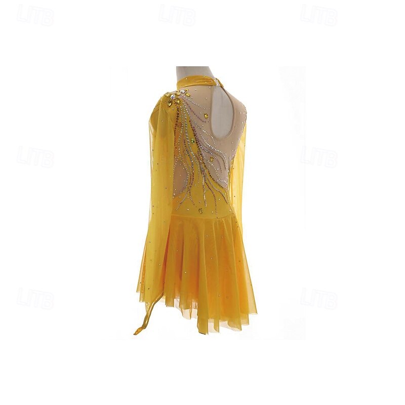 Figure Skating Dress Women's Girls' Ice Skating Dress Yellow Patchwork Thumbhole Mesh Spandex Stretchy Training Practice Professional Skating Wear Thermal Warm Crystal / Rhinestone Long Sleeve Ice 2026 - $244.09 –P3