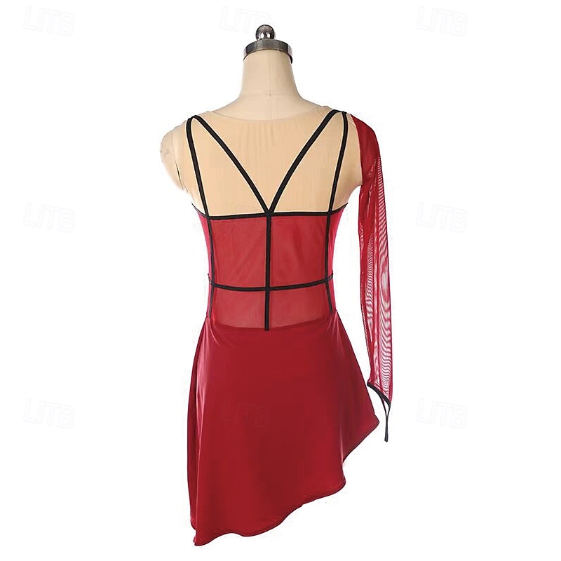 Kjole til kunstløp Dame Jente Skøyteløp Kjoler Burgunder Lapper Tommelhull Netting Spandex Elastisk Trening Profesjonell Konkurranse Skøyteklær Hold Varm Krystall / Rhinstein Langermet Skøyting 2025 - $180.99 –P2
