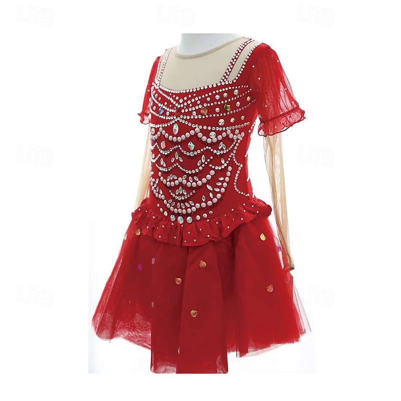 Eiskunstlaufkleid Damen Mädchen Eislaufen Kleid Rot Patchwork Daumenloch Netzstoff Spandex Dehnbar Training Übung Professionell Eiskunstlaufkleidung Thermowarm Kristall / Strass Langarm Eislaufen 2025 - $180.99 –P3