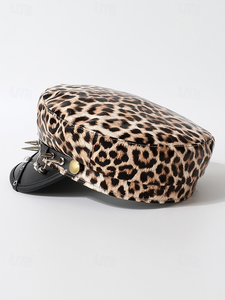 Boné militar feminino com estampa de leopardo para Halloween – chapéu gótico punk de couro sintético com pontas e tachas de aranha, acessório para festa à fantasia e cosplay para uma noite assustadora de 2026 por $14.99 –P9