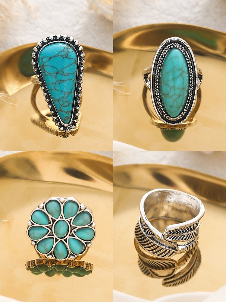set di anelli turchesi bohémien da donna: anelli impilabili placcati in argento vintage con dettagli in pietra blu per feste, festival e uso quotidiano del 2025 a $11.99 –P3
