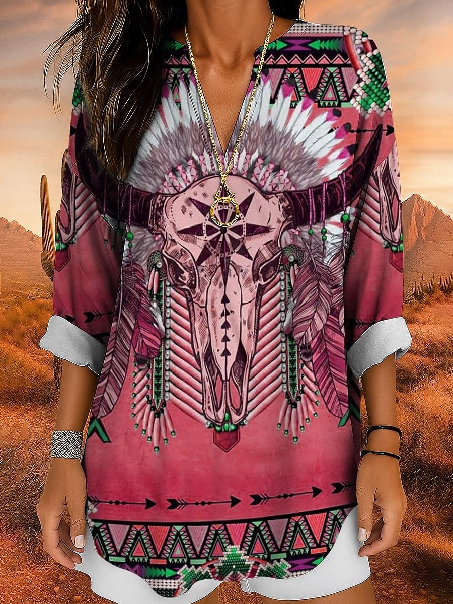 Damenshirt Langarm Tunika Tops Grafik Geometrisch Totenkopf Bohemia Vintage Tropisch V-Ausschnitt Regelmäßige Tops Täglicher Urlaub Strandmode Druck Gelb Rot Blau Lila Grün Sommer Frühling 2025 - $24.99 –P5