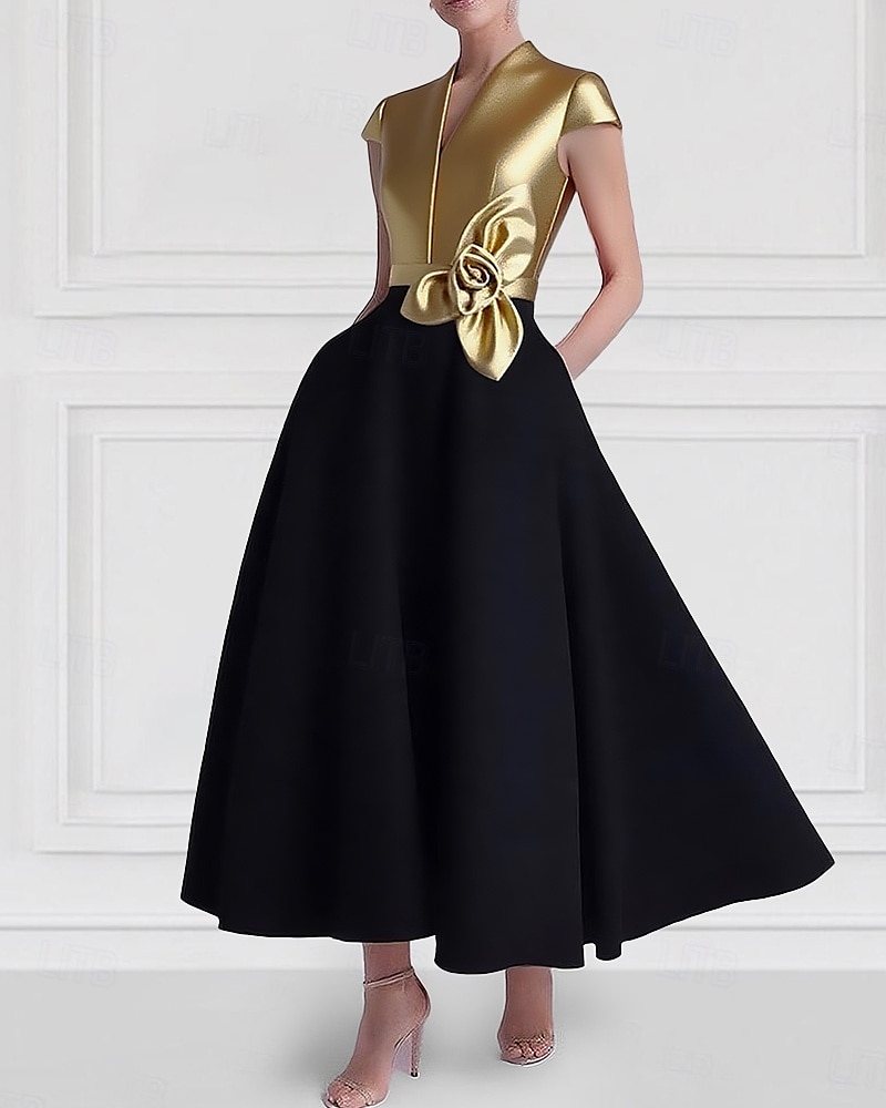 А-силуэт До щиколотки коктейльные платья Платья для вечеринок Элегантный стиль Цветовые блоки Шелковистость С короткими рукавами V-образный вырез Официальные Свадьба Карман Сатин с Карман 2025 - $139.99 –P3