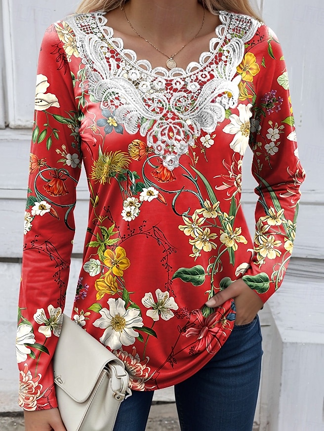 Femmes Chemisier Fleuri Graphique Plantes ancien Mode Élégant manche longue Col ras du cou Hauts Réguliers Quotidien Sortir Week-end Dentelle Patchwork Imprimé Noir Rouge Bleu Ciel Bleu Poudré Vert de 2025 ? $23.99 –P4