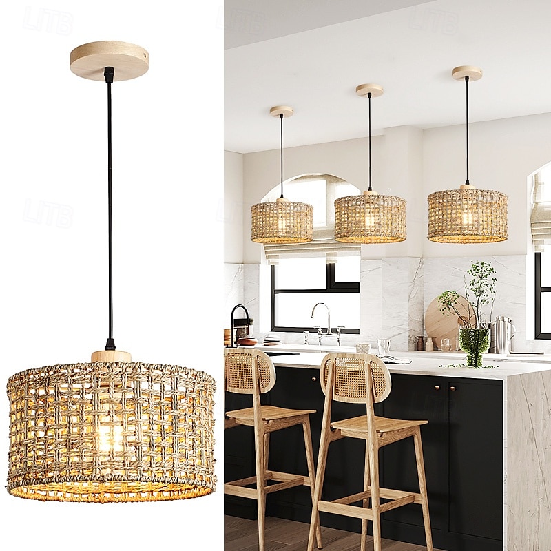 Lampada a sospensione artistica country, materiale in legno di rattan, altezza 16 cm, luce bianca calda/bianca, E26 E27, catena regolabile del 2025 a $116.99 –P1