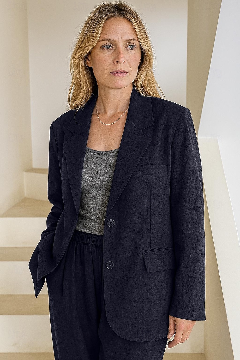 Blazer de lino y tencel para mujer, transpirable, con bolsillos y botones, elegante, vintage, a la moda, para uso diario, color liso, formal, para oficina o carrera, informal, de botonadura sencilla, 2026 - $81.99 –P13