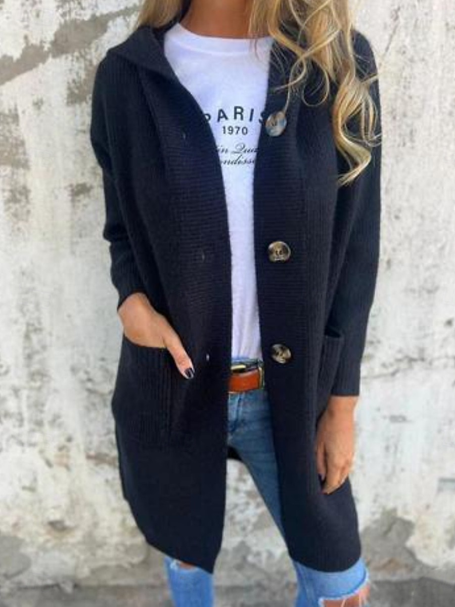Dames Winterjas Houd Warm Comfortabel Zak Gebreid Modieus Dagelijks Effen Buiten Casual Dagelijks Enkele rij knopen Lang Capuchon Normale pasvorm Lange mouw bovenkleding Zwart Geel Grijs Lente Herfst 2025 - $33.99 –P3