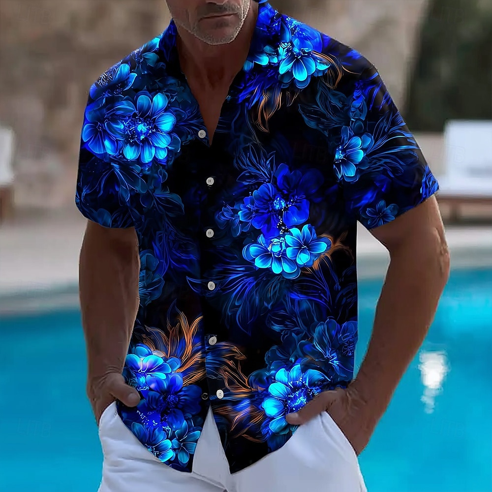 Herren Blumendruck Neonleuchten Blumen Sommer Hawaiihemd Knopfhemd Alohahemd Kurzarm Hawaiianisch Urlaub Strandbekleidung Sommer Frühling Umlegekragen 3D-Druck Hemden mit Kragen Schwarz 1 Schwarz 2025 - $23.99 –P1