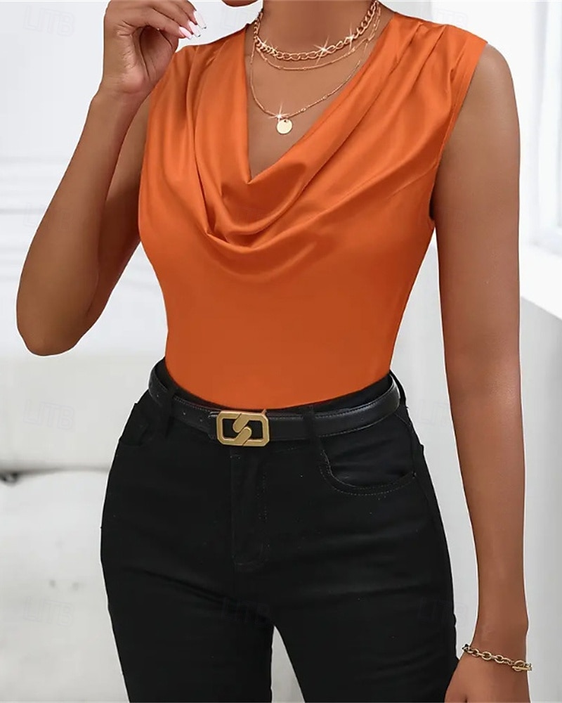 גופייה לנשים סאטן חלקה אופנתי מודרני ללא שרוולים צווארון מרופד רגיל חולצות יומיומי ליציאה סוף שבוע שחור כתום חאקי קיץ 2025 - $25.99 –P8