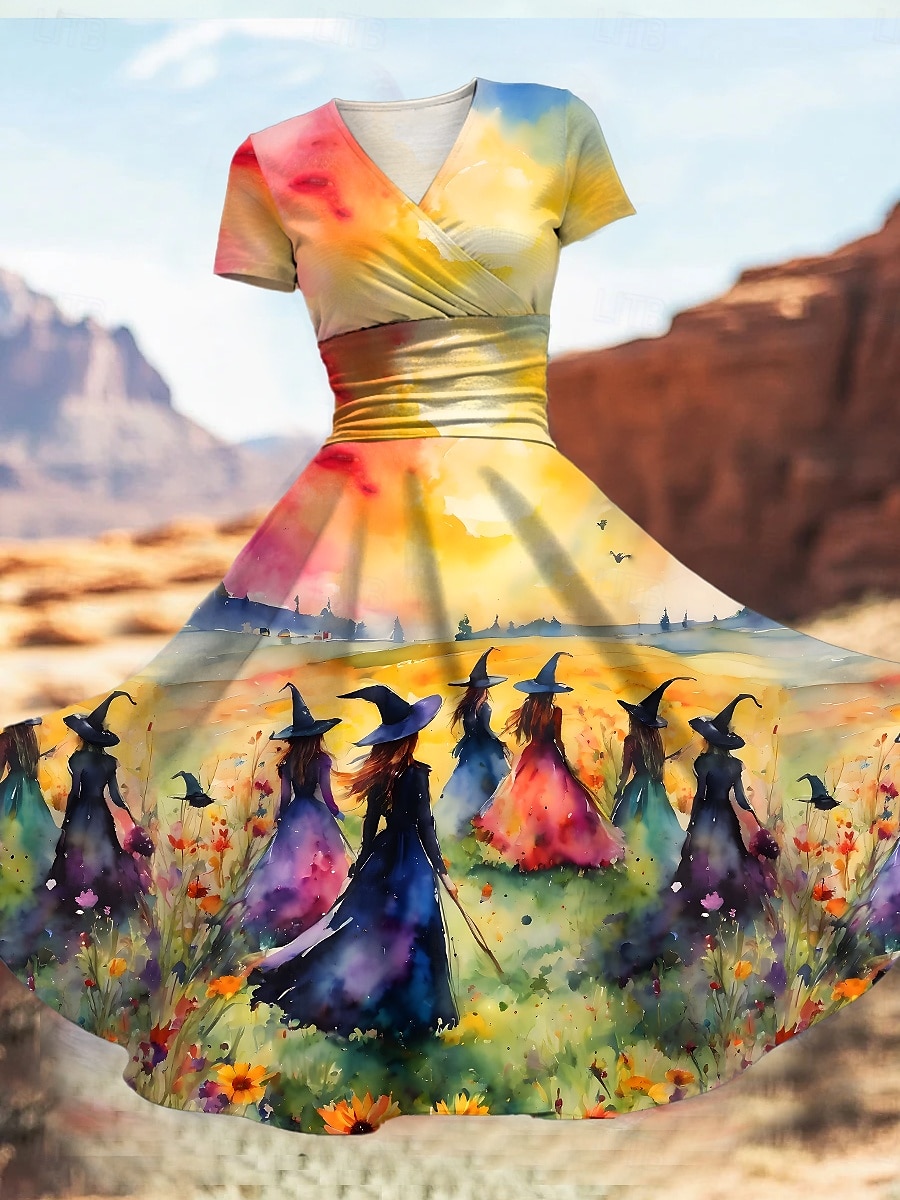 Halloween Women's Midi Dress A Line Dress Summer Dress Fit And Flare Dress Party Casual Daily Holiday Regular Fit Graphic Abstract Short Sleeve V Neck Yellow Orange Green Summer 2025 - $27.99 –P1