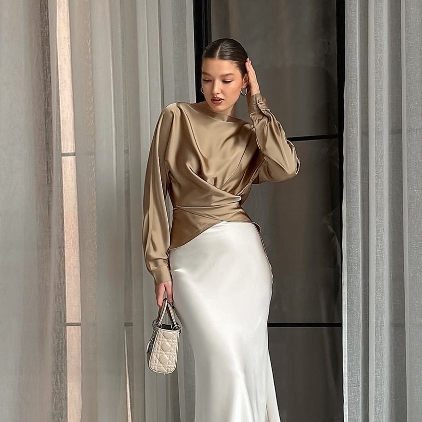 Women's Satin Shirt Dress Shirt Blouse Ruched Lace up Solid Color Elegant Vintage Stylish Long Sleeve Off Shoulder Crop Tops Daily Work Holiday khaki Spring Fall 2026 - $43.99 –P5