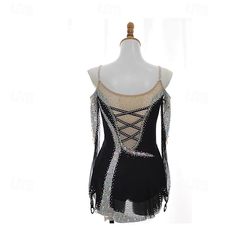 Kjole til kunstløp Dame Jente Skøyteløp Kjoler Svart Lapper Tommelhull Netting Spandex Elastisk Trening Profesjonell Konkurranse Skøyteklær Hold Varm Krystall / Rhinstein Langermet Skøyting Kunstløp 2025 - $180.99 –P2