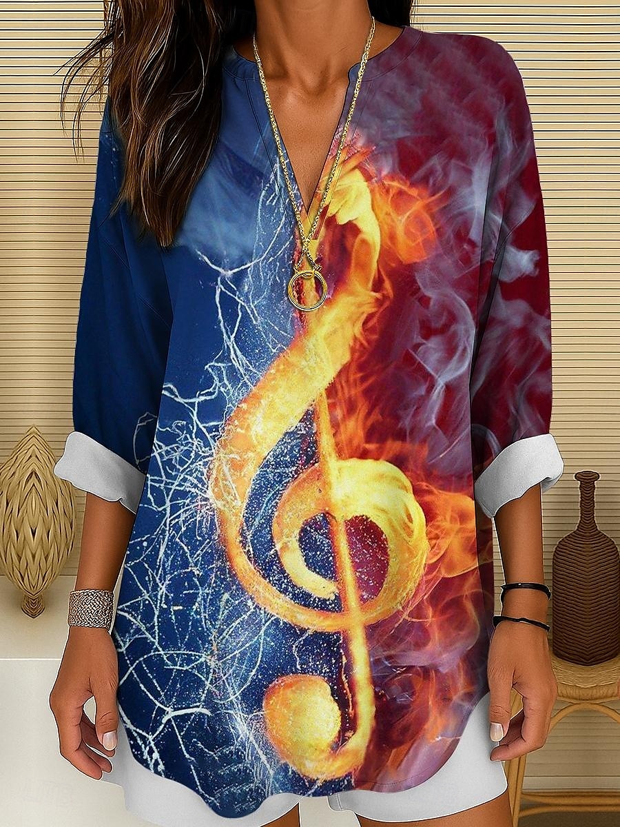 Blusa da donna maniche lunghe tunica ombre grafico geometrico elegante vintage tropicale maniche lunghe scollatura a V top regolari da indossare da giorno vacanze print bianco rosso arcobaleno estate del 2025 a $24.99 –P4