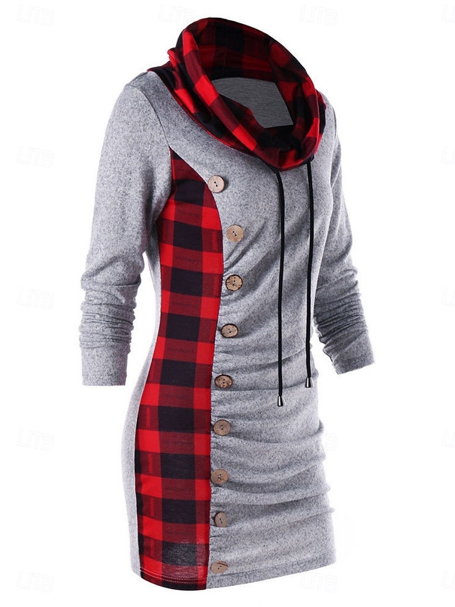 Rochie cu glugă pentru femei rochie midi rochie tip shift casual vacanță ieșire regular fit tartan mânecă lungă guler înalt negru gri primăvară toamnă iarnă 2025 - $21.99 –P2