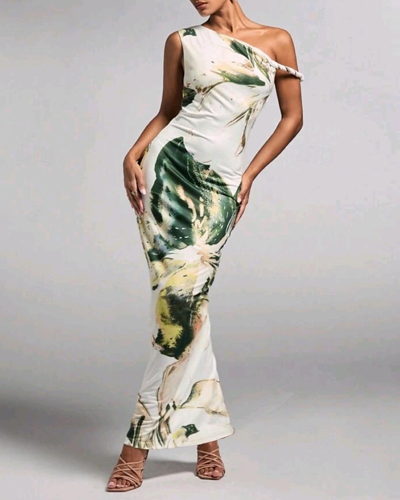 Femmes Robe Longue Maxi Robe Robe Imprimée Mode Extérieur Sortir Week-end Coupe régulière Fleur Sans manches Une Épaule Violet Vert Été de 2025 ? $22.99 –P13