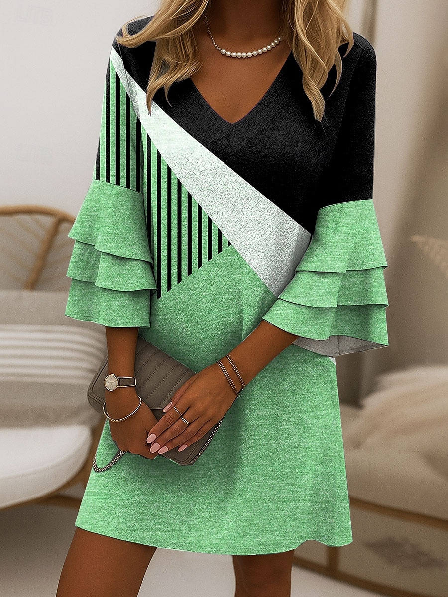 Damen Minikleid Sommerkleid A Linie Kleid Stilvoll Lässig Party Normale Passform Grafik Geometrisch Abstrakt Dreiviertelarm V Ausschnitt Blau Purpur Grün Khaki Sommer Frühling 2025 - $46.99 –P5