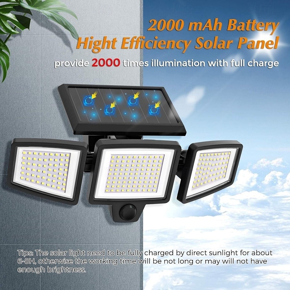 Zonne-buitenverlichting 2500lm 210 led-beveiligingsverlichting met afstandsbediening 3-kops bewegingssensorlampen IP65 waterdicht 270 groothoek wandlampen met 3 standen voor garage, tuin, veranda 2025 - $35.99 –P1