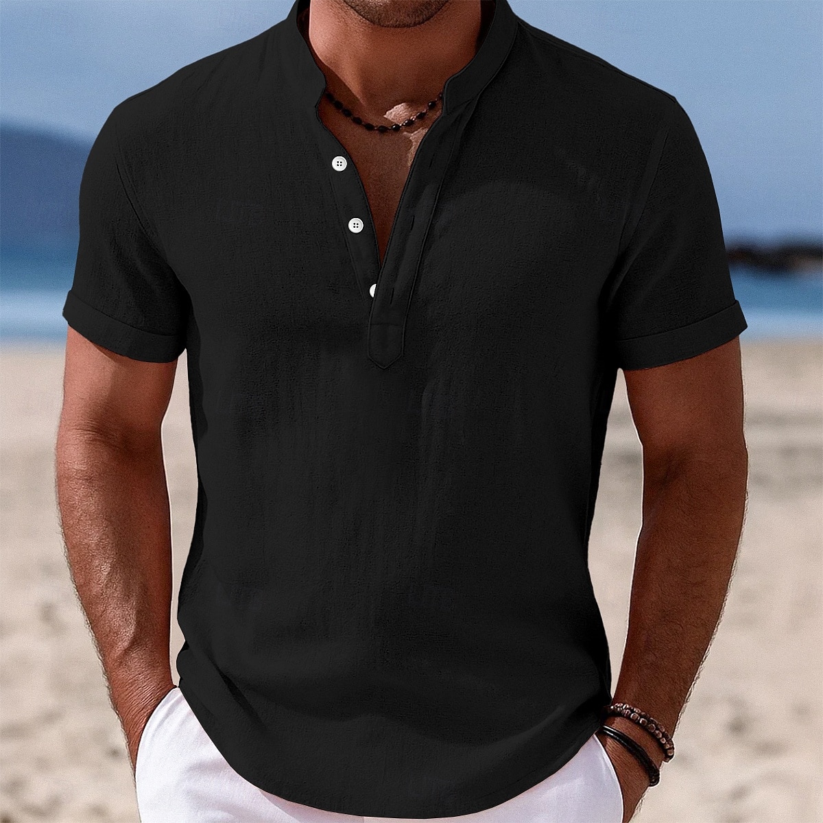 Herren Hemd Leinenhemd Stehkragenhemd Popover-Hemd Sommerhemd Strandbekleidung Einfach Urlaub Lässig Schwarz Weiß Gelb Rosa Kurzarm Stehkragen Sommer Bekleidung 2025 - $20.99 –P12