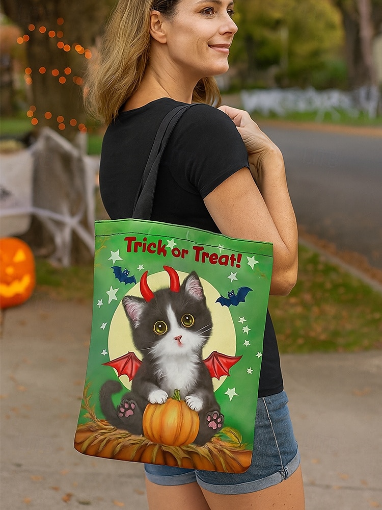 Halloween-Tragetasche für Damen mit süßem Katzenaufdruck von Kayomi Harai, große Canvas-Umhängetasche für Süßes oder Saures und Partys 2025 - $14.99 –P2