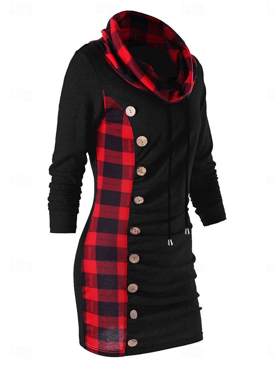 Rochie cu glugă pentru femei rochie midi rochie tip shift casual vacanță ieșire regular fit tartan mânecă lungă guler înalt negru gri primăvară toamnă iarnă 2025 - $21.99 –P3