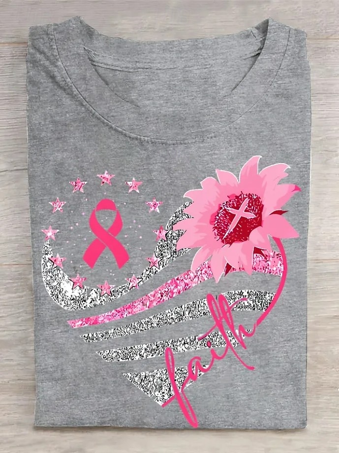 Pakiet raka piersi w październiku nosimy różową damską koszulkę z grafiką roślinną, stylową, klasyczną, z krótkim rękawem, okrągłym dekoltem, regularną, codzienną, weekendową 2025 - $21.99 –P7