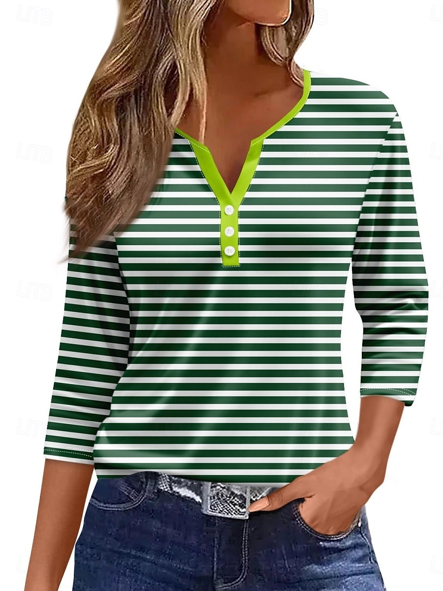 Per donna Camicia Bottoni Stampato A righe Elegante Casual Manica Lunga Scollo a V Top Regolari Quotidiano Blu Bianco Vino Verde Estate Primavera Autunno del 2026 a $21.99 –P4