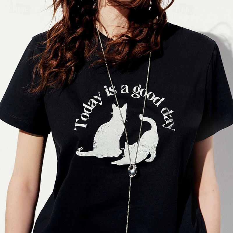 Maglietta da donna in 100% cotone con stampa di animali, gatti e lettere, elegante, basic, moderna, a maniche corte, girocollo, regular, per tutti i giorni, sportiva, per uscire, nera e bianca, del 2025 a $31.99 –P5