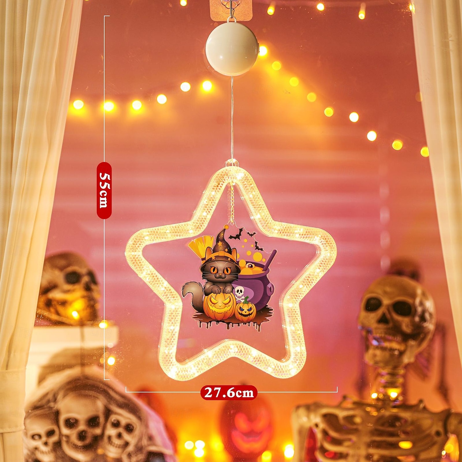 1 ks 27,6 cm halloween netopýr duch čaroděj klobouk dýně černá kočka netopýr přísavka led přísavka okenní světlo párty okno vnitřní atmosféra dekorativní světlo aaa baterie box teplé světlo běžící 2025 - $15.99 –P14
