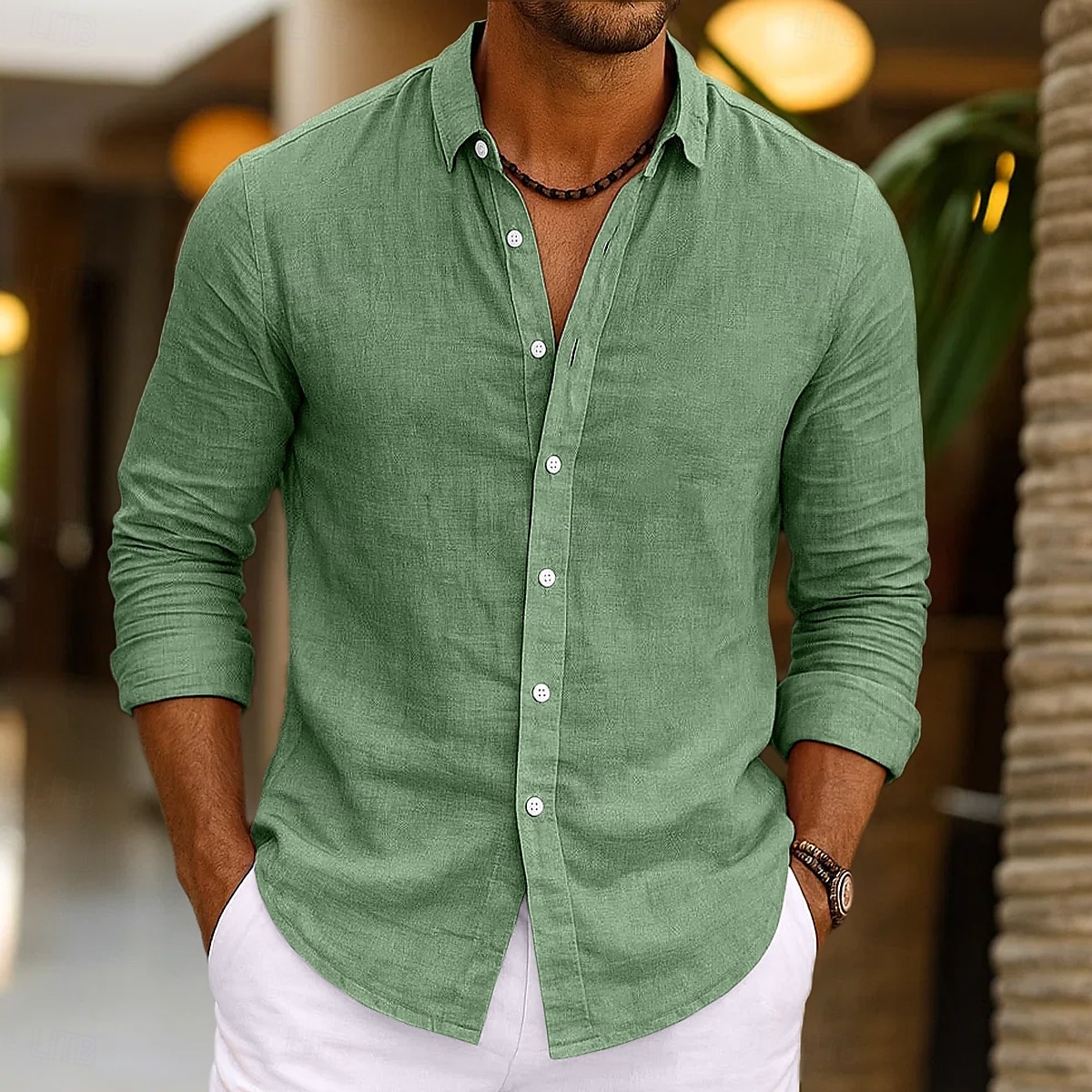 Per uomo Camicia Camicia di lino Camicia Estiva Abbigliamento da spiaggia Camicia con Bottoni Semplice Vacanza Casuale Nero Rosa Blu marino Verde Manica Lunga Collo ripiegato Primavera & Estate del 2025 a $23.99 –P5