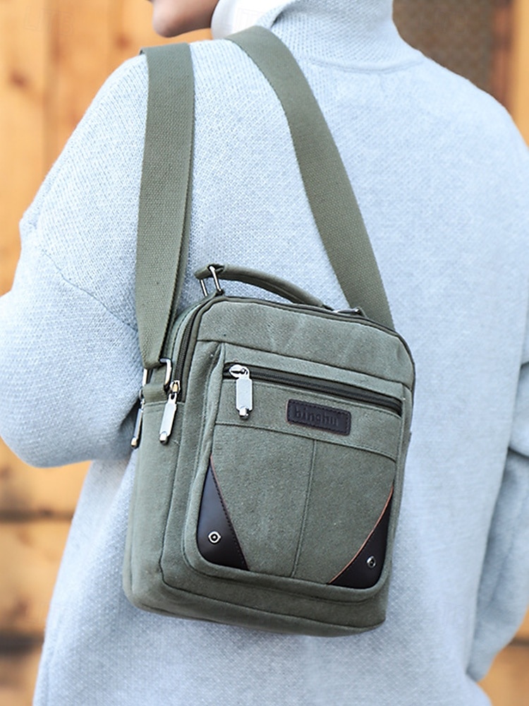 Borsa a tracolla da uomo in tela resistente all'acqua con design antigraffio, borsa a tracolla casual in stile vintage per esterni, viaggi e uso quotidiano del 2025 a $18.99 –P2