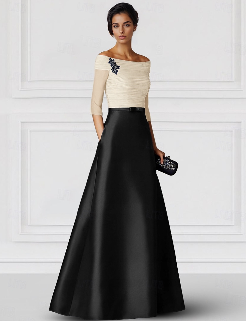 Abito da sera elegante a trapezio in raso con tasche, nero, oro e bianco, formale, da sposa, lungo fino al pavimento, manica a mezza manica, con scollo a V e arricciato, 2025 del 2025 a $139.99 –P3