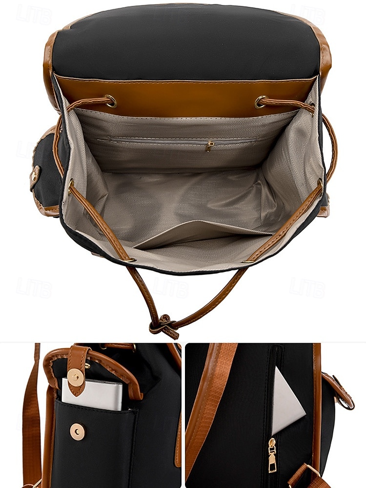 Women's Vintage Faux Leather Trim Backpack - Waterproof Canvas Preppy School Bag with Drawstring Closure for Teenage Girls, Students and Daily Use 2025 - $32.99 –P8
