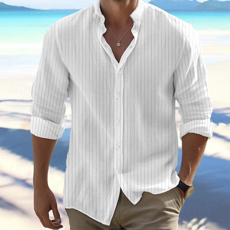 Herren Hemd Leinenhemd Stehkragenhemd Sommerhemd Strandbekleidung Knopfhemd Gestreift Urlaub Ferien Schwarz Weiß Blau Khaki Langarm Stehkragen Sommer Frühling Bekleidung 2025 - $22.99 –P2
