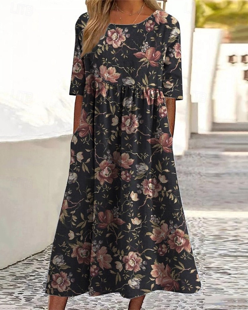 Women's Midi Dress Casual Dress Summer Dress Fashion Modern Daily Beach Weekend Regular Fit Flower Half Sleeve Crew Neck Black Purple Green Spring Fall 2026 - $29.99 –P1