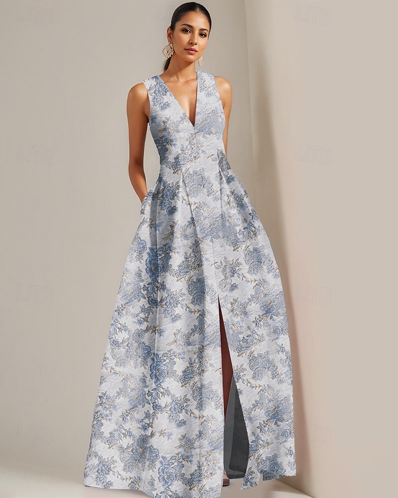 Rochie de seară A-line elegantă brocard jacard rochie formală de nuntă lungime până la podea fără mâneci decolteu în V cu fante rochie pentru oaspeți de nuntă 2025 - $149.99 –P4